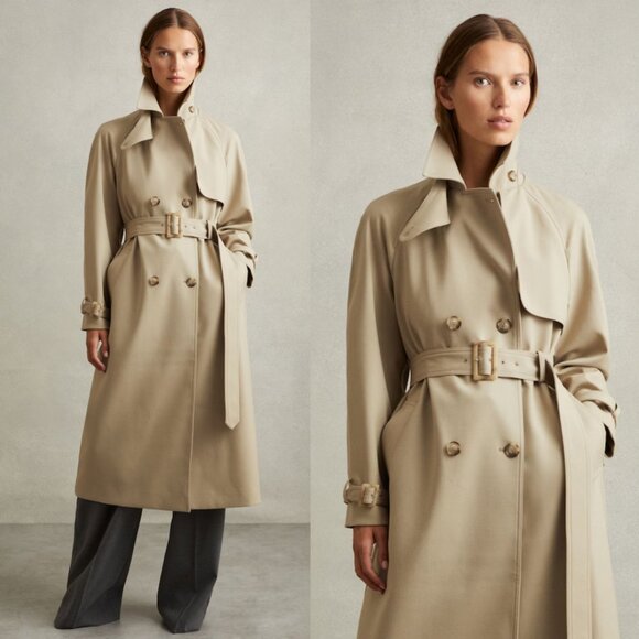 NWT Reiss Darcie Wool Trench Coat In Khaki Sz 8 Double Breasted Buckle Cuffs
